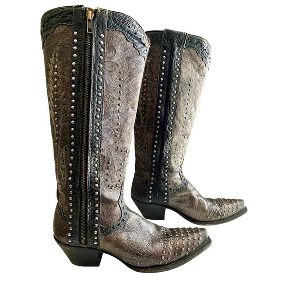 Dan Post Tempted Studded Women's Cowboy Boots 8.5 Leather Brown Black Metallic - Picture 1 of 15
